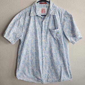 Christian Audigier Shirt Mens Large Blue White Floral Print Short Sleeve Casual